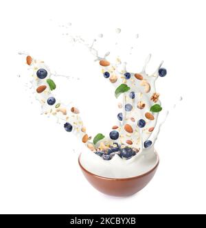 Bowl with splashing milk, sweet oatmeal, falling blueberries and nuts on white background Stock Photo