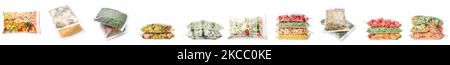 Set of plastic bags with frozen vegetables on white background Stock Photo