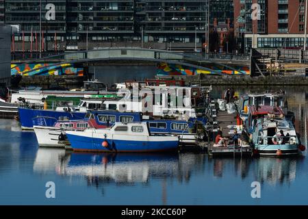 A general view of the barges in the enclosed Grand Canal Docks, Dublin, during level 5 COVID-19 lockdown. On Saturday, April 3, 2021, in Dublin, Ireland. (Photo by Artur Widak/NurPhoto) Stock Photo