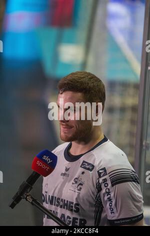 JOHANNES GOLLA of Flensburg gives an interview after the LIQUI MOLY Handball-Bundesliga match between SC Magdeburg and SG Flensburg-Handewitt at GETEC-Arena on April 04, 2021 in Magdeburg, Germany. (Photo by Peter Niedung/NurPhoto) Stock Photo