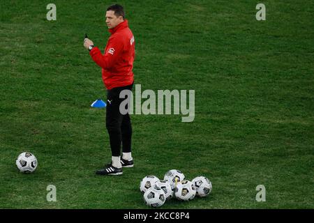 Khimki assistant coach Igor Semshov looks on during warm-up ahead of the Russian Premier League match between FC Zenit Saint Petersburg and FC Khimki on April 5, 2021 at Gazprom Arena in Saint Petersburg, Russia. (Photo by Mike Kireev/NurPhoto) Stock Photo