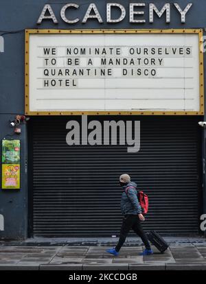 An uplifting notice on the message board reading 'We nominate ourselves to be a mandatory quarantine disco hotel' seen outside the Academy building in Dublin city center during level 5 COVID-19 lockdown. On Thursday, 8 April 2021, in Dublin, Ireland. (Photo by Artur Widak/NurPhoto) Stock Photo