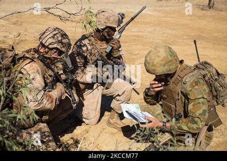 Members of the Australian Army and U.S. Marine Corps working together. Stock Photo