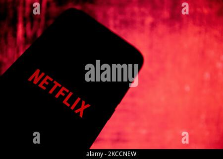 In this photo illustration Netflix logo is displayed on a smartphone screen in Athens, Greece on April 13, 2021 (Photo Illustration by Nikolas Kokovlis/NurPhoto) Stock Photo