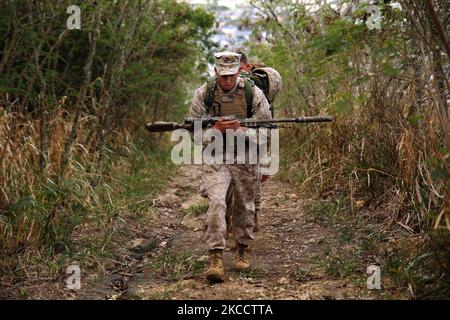U.S. Marine hikes up Ulupau Crater aboard Marine Corps Base Hawaii. Stock Photo