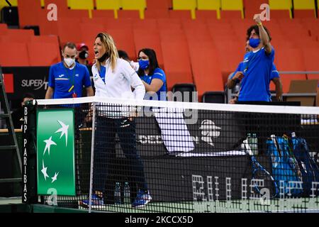 Tathiana Garbin captain of team Italy during the match against Romania, during the Billie Jean King cup in Cluj-Napoca, Romania on 16 April 2021. (Photo by Flaviu Buboi/NurPhoto) Stock Photo