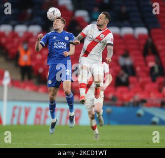 L-R Leicester City's Timothy Castagne and Southampton's Danny Ings during Emirates FA Cup Semi-Final between Leicester City and Southampton at Wembley stadium, in London, United Kingdom, on 18th April 2021.(Photo by Action Foto Sport/NurPhoto) Stock Photo