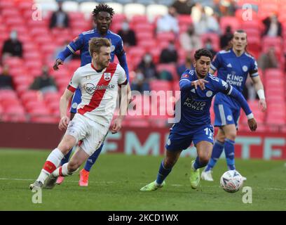L-R Southampton's Stuart Armstrong and Leicester City's Ayoze Perez during Emirates FA Cup Semi-Final between Leicester City and Southampton at Wembley stadium, in London, United Kingdom, on 18th April 2021.(Photo by Action Foto Sport/NurPhoto) Stock Photo