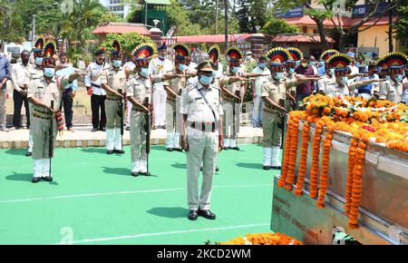 Assam police personnel pay their last respect to Â former Assam Chief Minister Bhumidhar Barman at Assam Legislative Assembly in Guwahati,India on April 19,2021 (Photo by Anuwar Hazarika/NurPhoto) Stock Photo