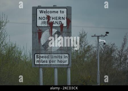 A view of a vandalised sign 'Welcome to Northern Ireland' along A1 motorway near a townland Killeen in County Down. On Monday, April 19, 2021, in Killeen, County Down, Northern Ireland (Photo by Artur Widak/NurPhoto) Stock Photo