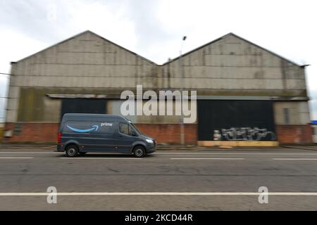 Amazon Prime van seen in the Titanic Quarter in Belfast. Packages are shipped to the delivery station from Amazon fulfillment and sorting centers and loaded onto vehicles for delivery to Amazon customers in the Belfast area. On Tuesday, April 20, 2021, in Belfast, Northern Ireland. (Photo by Artur Widak/NurPhoto) Stock Photo