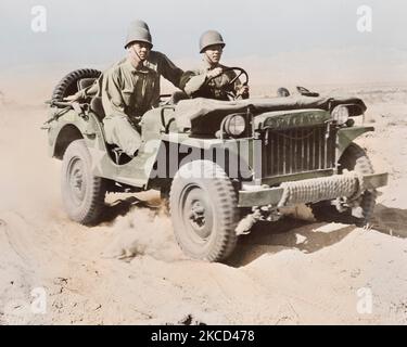 A half-ton jeep at the desert training center in Indio, California, 1942. Stock Photo