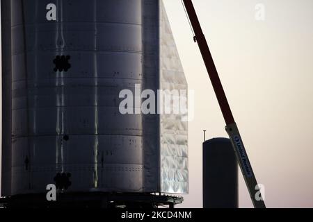 Starship SN15 is prepared for static fire and launch at SpaceX's South Texas build site as the sun sets on April 20th, 2021 in Boca Chica, Texas. (Photo by Reginald Mathalone/NurPhoto) Stock Photo