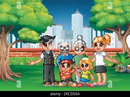 Cartoon family members having fun in the city park Stock Vector