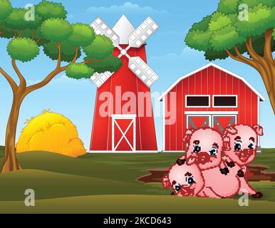 Three little pigs are playing at the farm Stock Vector