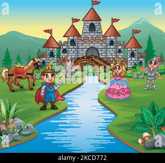 Castle with prince and princess and horse in color and silhouette ...