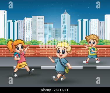 School children on the sidewalk with urban scene Stock Vector