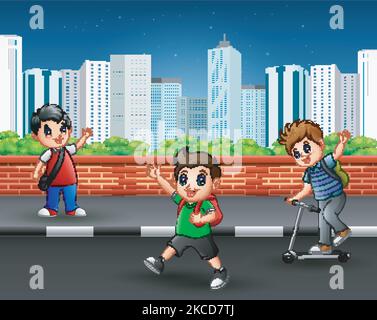 School children on the sidewalk with urban scene Stock Vector