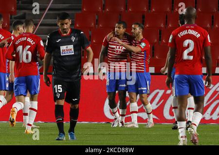 Roberto Soldado, of Granada CF scores the third goal of his team during the La Liga match between Granada CF and SD Eibar at Nuevo Los Carmenes Stadium on April 22, 2021 in Granada, Spain. Football stadiums in Spain remain closed to fans due to the Coronavirus Pandemic. (Photo by Álex Cámara/NurPhoto) Stock Photo