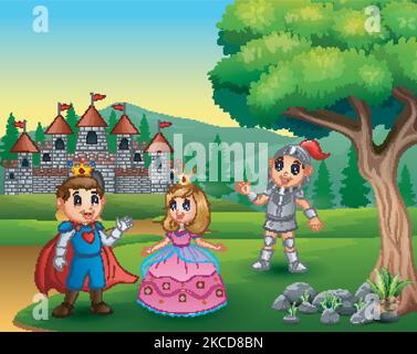Knight with princess and prince couple in the castle yard Stock Vector ...