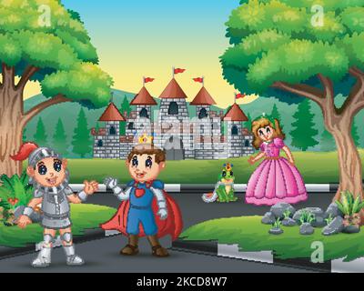 Knight with princess and prince couple in the castle yard Stock Vector ...
