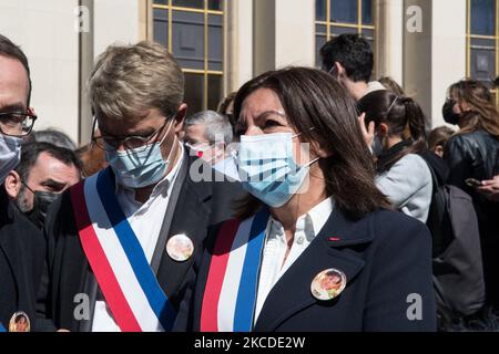 The mayor of Paris Anne Hidalgo takes part in the large demonstration to demand justice for Sarah Halimi, killed with the motive of anti-Semitism in 2017, organised at the Trocadero, in Paris, in April 25, 2021. (Photo by Andrea Savorani Neri/NurPhoto) Stock Photo