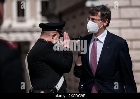 Minister for Technological Innovation and Digital Transition Vittorio Colao, of Mario Draghi's government arrives at the Chamber of Deputies during the debate on the Recovery Plan on April 26, 2021 in Rome, Italy. (Photo by Andrea Ronchini/NurPhoto) Stock Photo