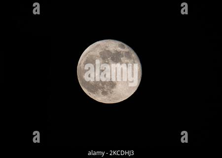 The Full Moon or Pink Supermoon or Super Pink Moon of April 2021 as seen from the Dutch city, Eindhoven, The Netherlands on April 27, 2021, rising above the horizon behind the buildings in red color. The super full moon is bigger and brighter in the sky because it is closer to Earth., 14 percent larger and 30 percent brighter than a common size and brightness of a usual moon. The name of the Pink Moon is connected with the springtime blooming of flowers. Other names Earth's natural satellite in orbit around the planet and largest satellite in the Solar System are Selene, Luna and Cynthia. (Pho Stock Photo