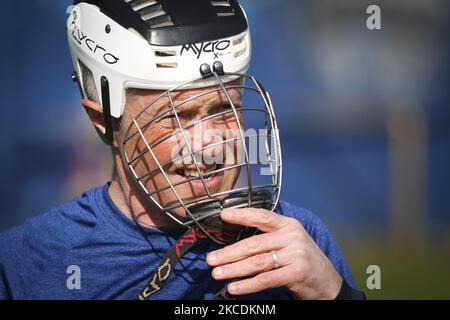 Scottish Liberal Democrat leader Willie Rennie takes part in an outdoor shinty lesson in Inverleith Park on April 30, 2021 in Edinburgh, Scotland. As he continues to campaign for the upcoming Scottish Parliamentary election. (Photo by Ewan Bootman/NurPhoto) Stock Photo