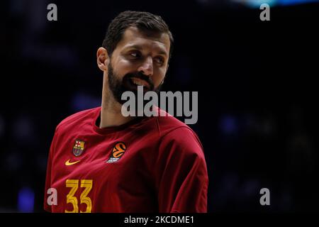 Nikola Mirotic of FC Barcelona during warm-up ahead of the 2020/2021 Turkish Airlines Euroleague Play Off Game 4 between Zenit St Petersburg and FC Barcelona at Sibur Arena on April 30, 2021 in Saint Petersburg, Russia. (Photo by Mike Kireev/NurPhoto) Stock Photo