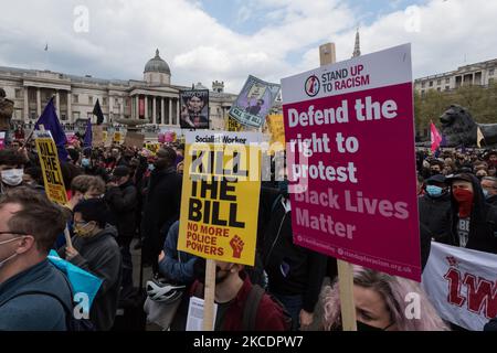 LONDON, UNITED KINGDOM - May 01, 2021: Demonstrators gather in Trafalgar Square in central London for 'Kill the Bill' protest to oppose government’s Police, Crime, Sentencing and Courts Bill (PCSC Bill), which would give police officers and the Home Secretary new powers to impose conditions on protests and public processions, on 01 May, 2021 in London, England. The protest organised by a coalition of different groups including Black Lives Matter and Women’s Strike Assembly is part of a national day of action with at least 46 protests happening across the UK on International Workers' Day. (Phot