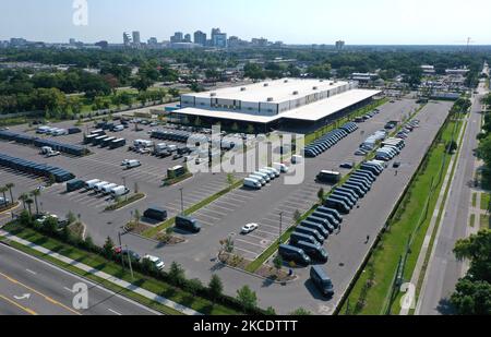 May 1, 2021 - Orlando, Florida, United States - In this aerial view from a drone, delivery vans are seen parked at an Amazon last-mile delivery facility on May 1, 2021 in Orlando, Florida. Amazon announced that it will hold it annual two-day Prime Day shopping event in its second quarter, rather than July, to boost spending in what is typically a slower time for retail sales. (Photo by Paul Hennessy/NurPhoto) Stock Photo