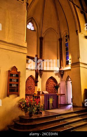 Interior of the Lutheran Church of the Holy Cross in Valparaiso, Chile. The Lutheran Church of the Holy Cross was built in 1897 and is the first Protestant church in South America with a bell tower. (Photo by Creative Touch Imaging Ltd./NurPhoto) Stock Photo