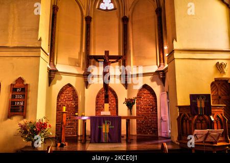 Interior of the Lutheran Church of the Holy Cross in Valparaiso, Chile. The Lutheran Church of the Holy Cross was built in 1897 and is the first Protestant church in South America with a bell tower. (Photo by Creative Touch Imaging Ltd./NurPhoto) Stock Photo