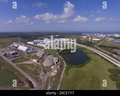 An aerial view of the location of the old Piney Point phosphate plant in Palmetto, Florida Tuesday, May 4, 2021. The plant processed phosphate to produce fertilizer leaving behind phosphogypsum stacks as waste. (Photo by Thomas O'Neill/NurPhoto) Stock Photo