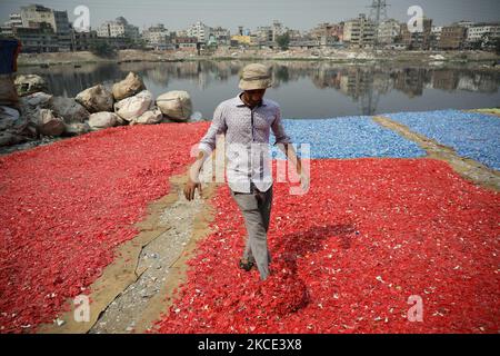 A Worker spreads recycled plastic chips after washing in the river Buriganga in Dhaka, Bangladesh on May 05, 2021. Buriganga river , which flows by Dhaka city is now one of the most polluted river in the world because of rampant dumping of human and industrial wastage. (Photo by Syed Mahamudur Rahman/NurPhoto) Stock Photo