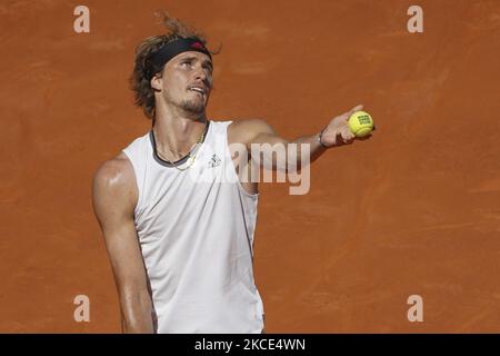 Alexander Zverev of Germany in action during their Quarter Final match against Rafael Nadal of Spain during Day Nine of the Mutua Madrid Open at La Caja Magica on May 07, 2021 in Madrid, Spain. (Photo by Oscar Gonzalez/NurPhoto) Stock Photo