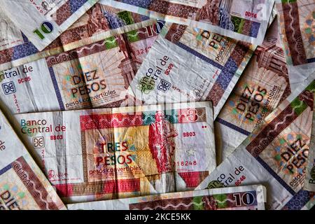 Assortment of Cuban convertible peso banknotes in Varadero, Cuba. Cuban convertible peso banknotes can only be used by tourists and locals are not allowed to use this currency. (Photo by Creative Touch Imaging Ltd./NurPhoto) Stock Photo