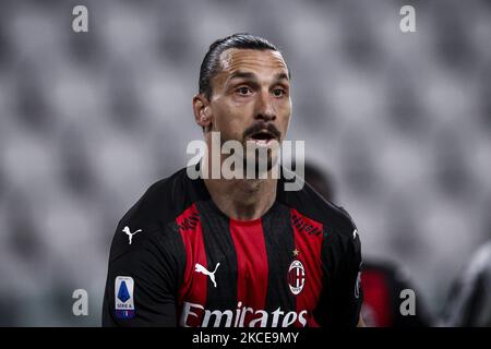 Milan forward Zlatan Ibrahimovic (11) looks on during the Serie A football match n.35 JUVENTUS - MILAN on May 09, 2021 at the Allianz Stadium in Turin, Piedmont, Italy. Final result: Juventus-Milan 0-3. Sporting stadiums around Italy remain under strict restrictions due to the Coronavirus Pandemic as Government social distancing laws prohibit fans inside venues resulting in games being played behind closed doors. (Photo by Matteo Bottanelli/NurPhoto) Stock Photo