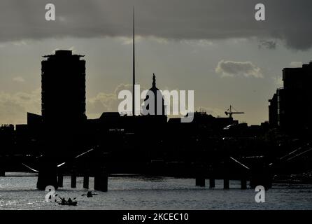 View of the Dublin skyline with the 16-story Liberty Hall building, The Spire monument and and the Dome of the Custom House. On Tuesday, 11 May 2021, in Dublin, Ireland. (Photo by Artur Widak/NurPhoto) Stock Photo