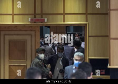 Former president Mahmoud Ahmadinejad arrives a press center to read his statement after registering as a candidate for June 18, presidential elections, in the Iranian Interior Ministry building in central Tehran on May 12, 2021. (Photo by Morteza Nikoubazl/NurPhoto) Stock Photo