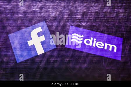 Logos of Facebook and Diem displayed on a phone screen and a keyboard are seen in this multiple exposure illustration photo taken in Krakow, Poland on May 13, 2021. (Photo by Jakub Porzycki/NurPhoto) Stock Photo