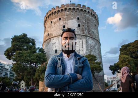 A man from Gaza participating at the Pro Palestinian protest against the conflict between Israel and Palestine was held in front of the White Tower, the city's landmark. Few locals, Muslims and Arabs, some of them Palestinians with origin from Gaza gathered to demonstrate against Israel, holding Palestinian flag. Thessaloniki, Greece on May 13, 2021 (Photo by Nicolas Economou/NurPhoto) Stock Photo