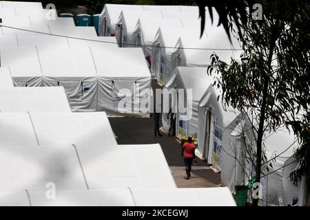 A general view of the migrant camp Las Raices in Santa Cruz de Tenerife on 13rd May 2021, Spain. As many as 23,000 migrants reached the Canary Islands from the west coast of North Africa last year, and several thousand more, have arrived on the archipelago in the first months of 2021. (Photo by Juan Carlos Lucas/NurPhoto) Stock Photo