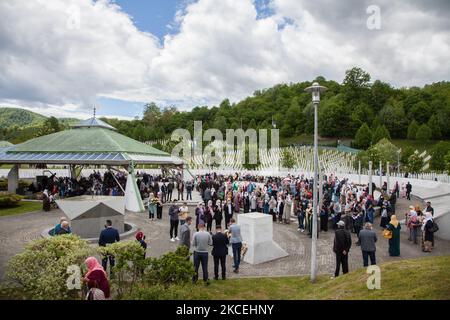 Shaleed, the day of martyrs in Muslim tradition, is celebrated on the second day after Ramadan in Potocari, Srebrenica, Bosnia and Herzegovina, on May 15, 2021. The Potocari Memorial is a meeting place for thousands of Bosniaks from Srebrenica and the whole country who come to pray and pay tribute to their loved ones killed in July 1995. (Photo by Jose Antonio Sanchez/NurPhoto) Stock Photo