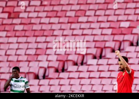 Pizzi of SL Benfica (R ) celebrates after scoring a goal during the Portuguese League football match between SL Benfica and Sporting CP at the Luz stadium in Lisbon, Portugal on May 15, 2021. (Photo by Pedro FiÃºza/NurPhoto) Stock Photo