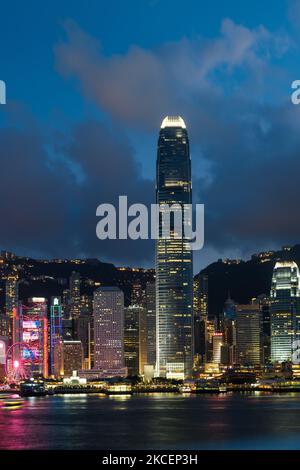 Hong Kong, China, 16 May 2021, The IFC tower during the 'blue hour'. (Photo by Marc Fernandes/NurPhoto) Stock Photo