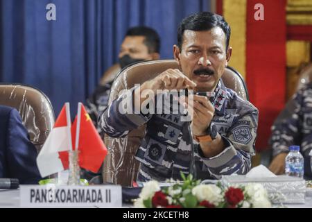 Indonesian Navy officer Rear Admiral of TNI Iwan Isnurwanto speak about the joint salvage operation of sunken Indonesian Navy submarine KRI Nanggala 402 during press conference at Indonesia Navy Base in Denpasar, Bali, Indonesia on May 18 2021. Indonesian continues the salvage operation with the help from Chinese Navy in order to evacuate the victims and the main parts of the sunken Indonesian Navy submarine KRI Nanggala 402. The submarine found in 839 meter below sea level scattered in three big parts, however the main chamber and the 53 victims is still in search. A military submarine report Stock Photo