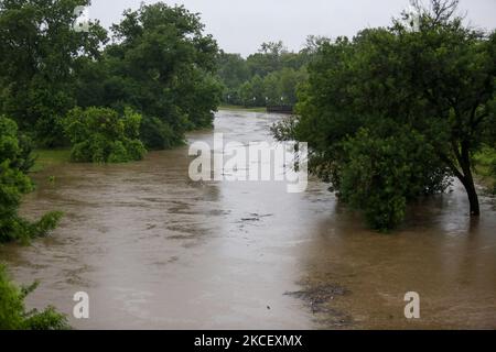 Buffalo Bayou Park flooded early Wednesday, May 19th, in Houston, Texas. A large dog park and a network of running trails and sidewalks is seen entirely submerged as water levels continue to rise. (Photo by Reginald Mathalone/NurPhoto) Stock Photo