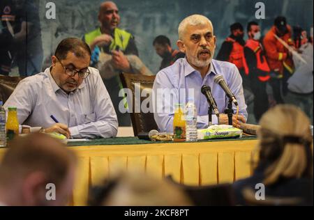 Yahya Sinwar, the Palestinian leader of Hamas in the Gaza Strip, meets with foreign press, in Gaza City, Wednesday, May 26, 2021. (Photo by Majdi Fathi/NurPhoto) Stock Photo